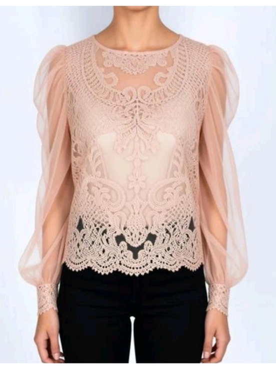A Peach Tops - Peach Lace Dramatic Top Embroidered Lace Sheer Bell Sleeve Romantic Goth Boho M